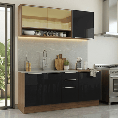 Cocina Compacta 180 cm 6 Puertas 3 Cajones Sin Mesada Marrón/Negro Lux Madesa