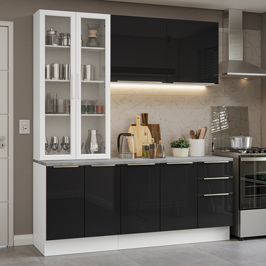 Cocina Compacta 190 cm con Cristalero 8 Puertas 3 Cajones Blanco/Negro Lux Madesa