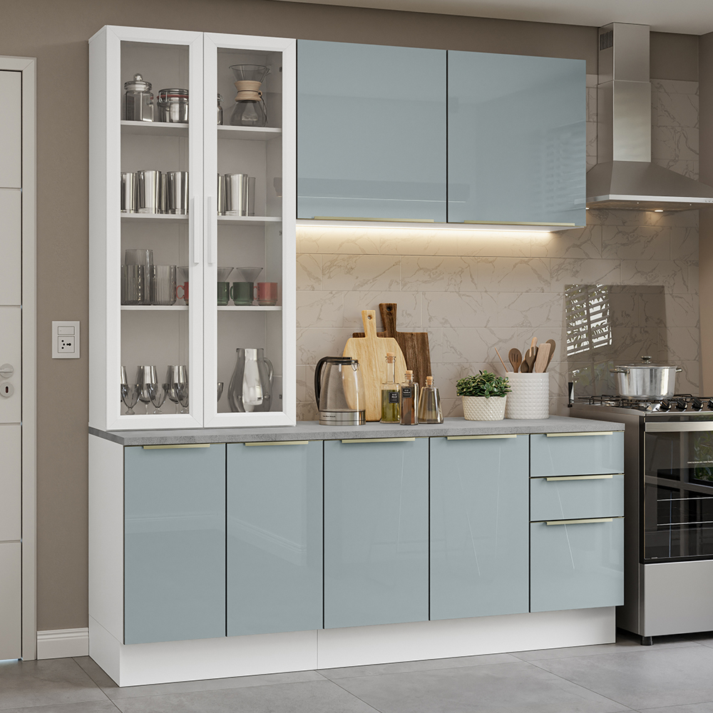 Cocina Compacta 190 cm con Cristalero 8 Puertas 3 Cajones Blanco/Gris Lux Madesa