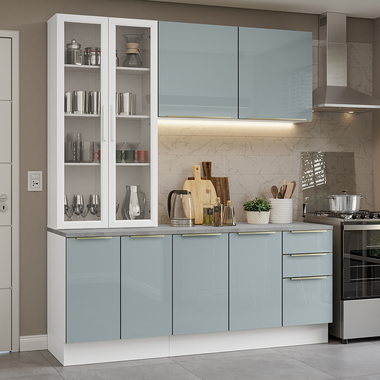 Cocina Compacta 190 cm con Cristalero 8 Puertas 3 Cajones Blanco/Gris Lux Madesa