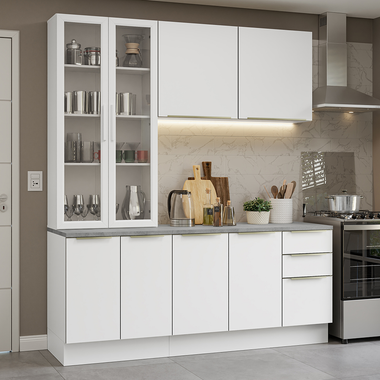 Cocina Compacta 190 cm con Cristalero 8 Puertas 3 Cajones Blanco Lux Madesa