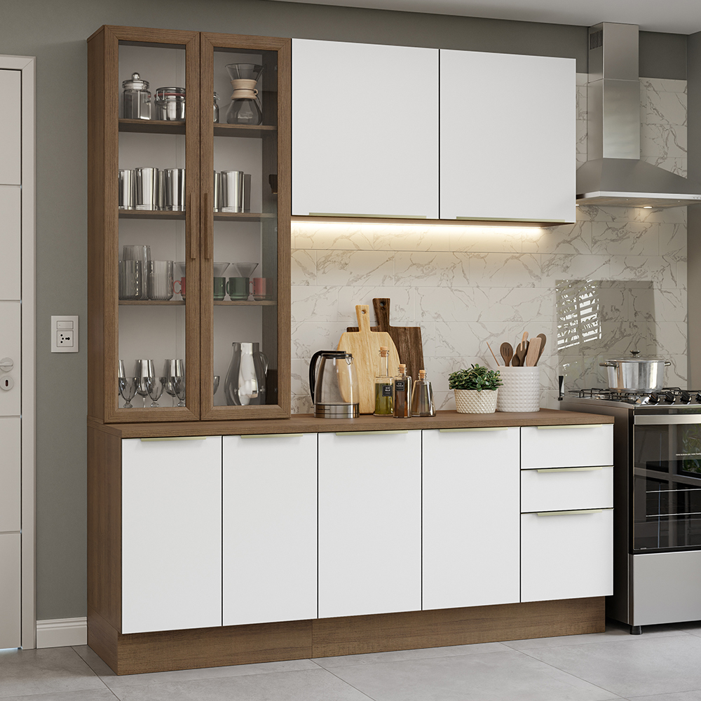 Cocina Compacta 190 cm con Cristalero 8 Puertas 3 Cajones Marrón/Blanco Lux Madesa