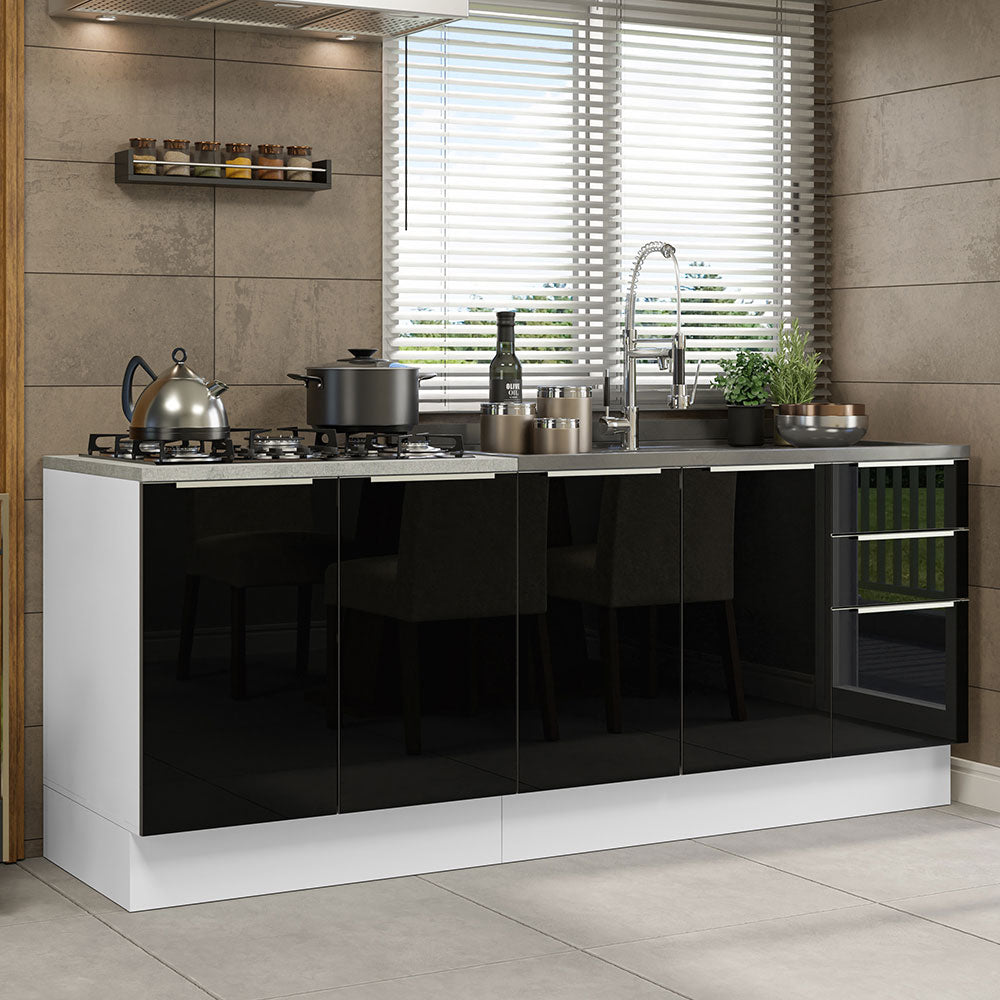 Combo con 2 Bajos Mesadas de Cocina 4 Puetas 3 Cajones 200 x 60 cm (Sin Mesada y Bacha) Blanco/Negro Lux Madesa
