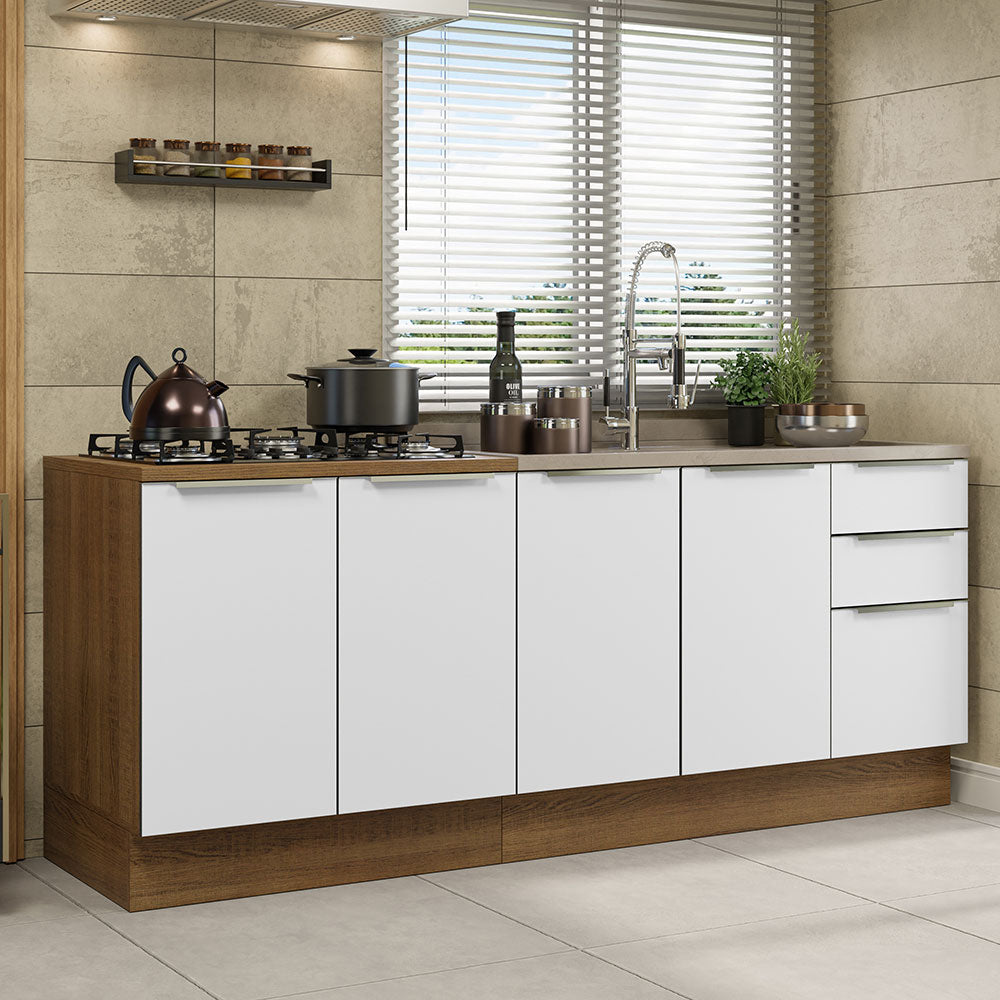 Combo con 2 Bajos Mesadas de Cocina 4 Puetas 3 Cajones 200 x 60 cm (Sin Mesada y Bacha) Marrón/Blanco Aterciopelado Lux Madesa