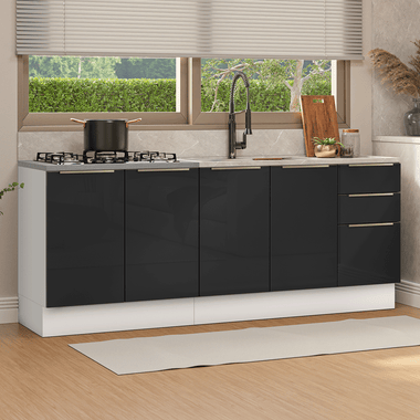 Cocina Compacta 200 cm 4 Puertas 3 Cajones Sin Mesada Blanco/Negro Lux Madesa 05