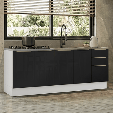 Cocina Compacta 200 cm 4 Puertas 3 Cajones Sin Mesada Blanco/Negro Lux Madesa