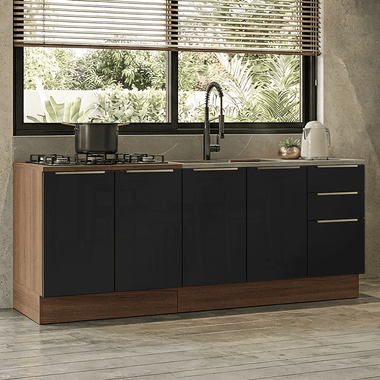 Cocina Compacta 200 cm 4 Puertas 3 Cajones Sin Mesada Marrón/Negro Lux Madesa 06