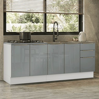 Cocina Compacta 200 cm 4 Puertas 3 Cajones Sin Mesada Blanco/Gris Lux Madesa 06