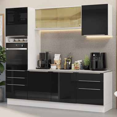 Combo completo de Cocina 240 cm 6 Puertas 6 Cajones Blanco/Negro Lux Madesa