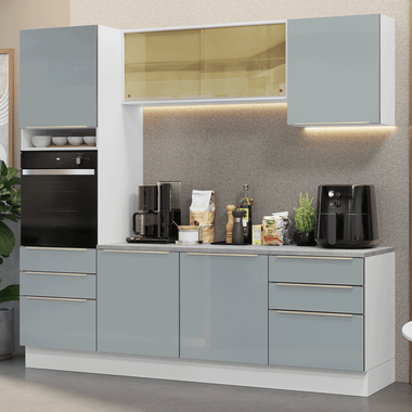 Combo completo de Cocina 240 cm 6 Puertas 6 Cajones Blanco/Gris Lux Madesa
