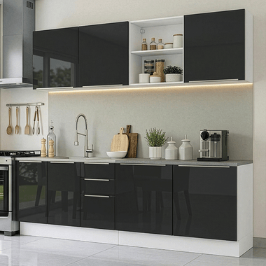 Combo completo de Cocina 240 cm 7 Puertas 3 Cajones Sin Mesada Blanco/Negro Lux Madesa