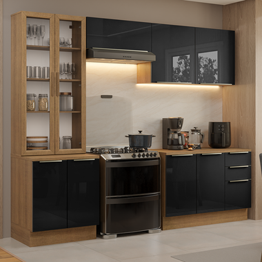 Combo completo de Cocina 270 cm con Cristalero 9 Puertas 3 Cajones Marrón/Negro Lux Madesa