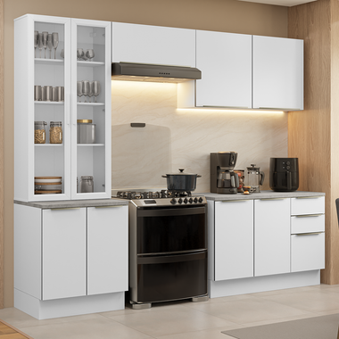 Combo completo de Cocina 270 cm con Cristalero 9 Puertas 3 Cajones Blanco Lux Madesa