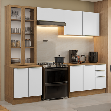 Combo completo de Cocina 270 cm con Cristalero 9 Puertas 3 Cajones Marrón/Blanco Lux Madesa