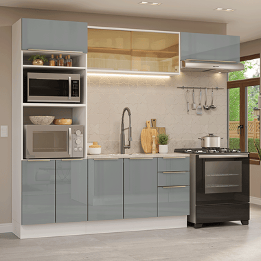 Combo completo de Cocina 270 cm 8 Puertas 3 Cajones Sin Mesada Blanco/Gris Lux Madesa
