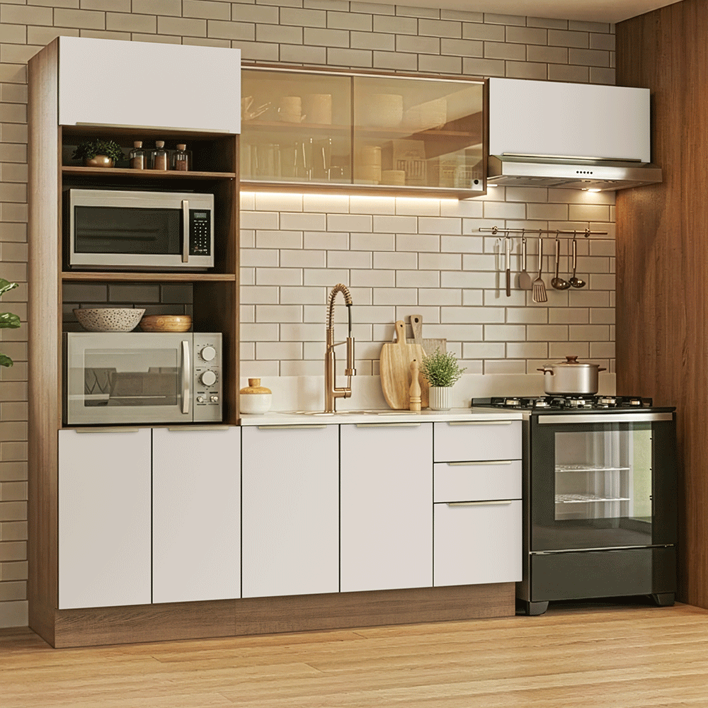 Combo completo de Cocina 270 x 60 cm Marrón/Blanco Aterciopelado Lux Madesa 08