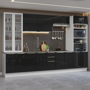 Combo completo de Cocina 340 cm con Cristalero 14 Puertas 3 Cajones Sin Mesada Blanco/Negro Lux Madesa