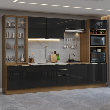 Combo completo de Cocina 340 cm con Cristalero 14 Puertas 3 Cajones Sin Mesada Marrón/Negro Lux Madesa