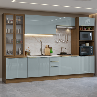 Combo completo de Cocina 340 cm con Cristalero 14 Puertas 3 Cajones Sin Mesada Marrón/Gris Lux Madesa