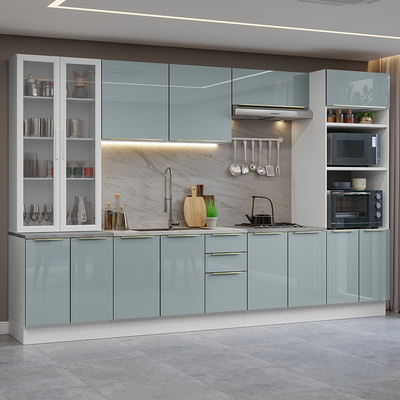 Combo completo de Cocina 340 cm con Cristalero 14 Puertas 3 Cajones Sin Mesada Blanco/Gris Lux Madesa