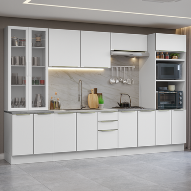 Combo completo de Cocina 340 cm con Cristalero 14 Puertas 3 Cajones Sin Mesada Blanco Lux Madesa