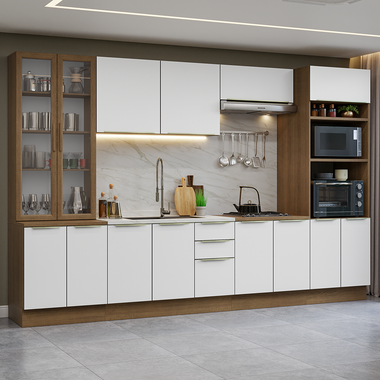 Combo completo de Cocina 340 cm con Cristalero 14 Puertas 3 Cajones Sin Mesada Marrón/Blanco Lux Madesa
