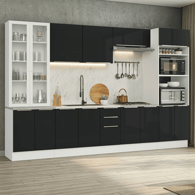 Combo completo de Cocina 340 cm 14 Puertas 3 Cajones Sin Mesada Blanco/Negro Lux Madesa
