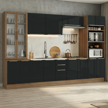Combo completo de Cocina 340 cm 14 Puertas 3 Cajones Sin Mesada Marrón/Negro Lux Madesa