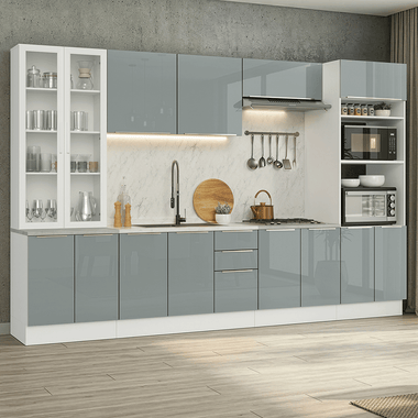 Combo completo de Cocina 340 cm 14 Puertas 3 Cajones Sin Mesada Blanco/Gris Lux Madesa