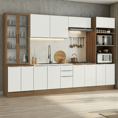 Combo completo de Cocina 340 cm 14 Puertas 3 Cajones Sin Mesada Marrón/Blanco Lux Madesa