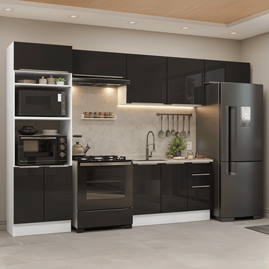Combo completo de Cocina 350 cm 9 Puertas 3 Cajones Sin Mesada Blanco/Negro Lux Madesa
