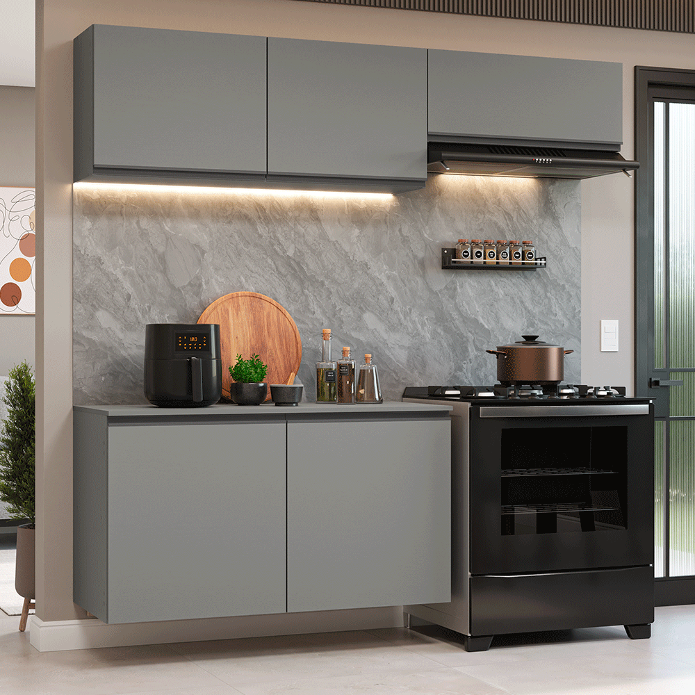Combo completo de Cocina Flotante Nice 200 cm 5 Puertas (Con Mesada) Gris 02 Madesa