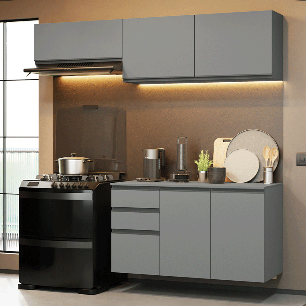 Combo completo de Cocina Flotante Nice 200 cm 5 Puertas (Con Mesada) Gris 05 Madesa