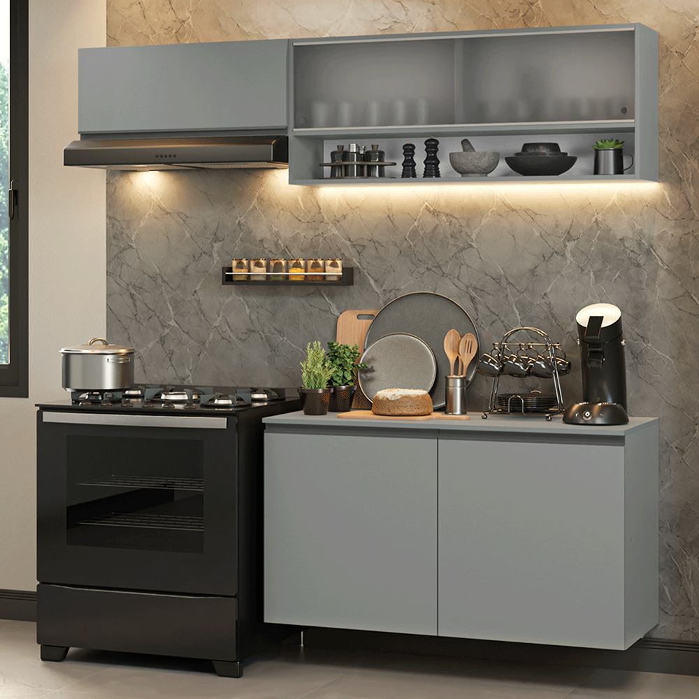 Combo completo de Cocina Flotante Nice 200 cm 5 Puertas (Con Mesada) Gris 07 Madesa