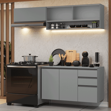 Cocina Compacta 200 cm 5 Puertas 3 Cajones Flotante Gris Nice Madesa