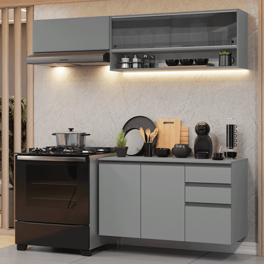 Cocina Compacta 200 cm 5 Puertas 3 Cajones Flotante Gris Nice Madesa