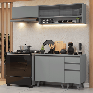 Cocina Compacta 200 cm 5 Puertas 3 Cajones Gris Nice Madesa