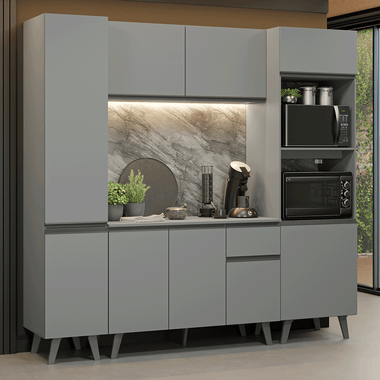 Combo Completo de Cocina 220 cm 9 Puertas 1 Cajón con Mueble para Horno y Microondas Gris Nice Madesa