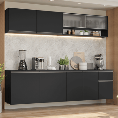 Combo Completo de Cocina 240 cm 9 Puertas 1 Cajón Flotante Negro Nice Madesa