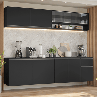 Combo Completo de Cocina 240 cm 9 Puertas 1 Cajón Flotante Negro Nice Madesa