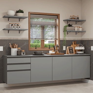 Cocina Compacta 240 cm 3 Puertas 3 Cajones Flotante Gris Nice Madesa