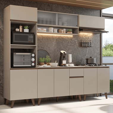 Combo Completo de Cocina 260 cm 10 Puertas 1 Cajón con Mueble para Horno y Microondas Crema Nice Madesa
