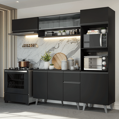 Combo Completo de Cocina 260 cm 8 Puertas 1 Cajón con Mueble para Horno y Microondas Negro Nice Madesa