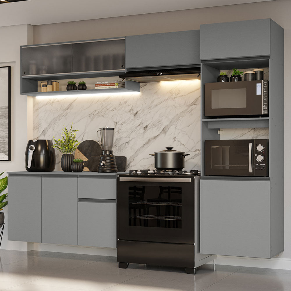Combo Completo de Cocina 260 cm 8 Puertas 1 Cajón Flotante con Mueble para Horno y Microondas Gris Nice Madesa
