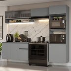 Combo Completo de Cocina 260 cm 8 Puertas 1 Cajón Flotante con Mueble para Horno y Microondas Gris Nice Madesa