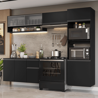 Combo Completo de Cocina 260 cm 8 Puertas 1 Cajón Flotante con Mueble para Horno y Microondas Negro Nice Madesa 11