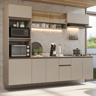 Combo Completo de Cocina 260 cm 10 Puertas 1 Cajón Flotante con Mueble para Horno y Microondas Crema Nice Madesa