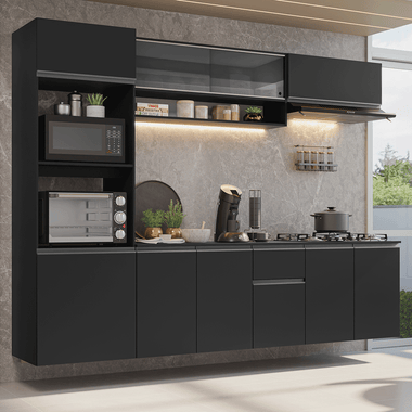 Combo Completo de Cocina 260 cm 10 Puertas 1 Cajón Flotante con Mueble para Horno y Microondas Negro Nice Madesa