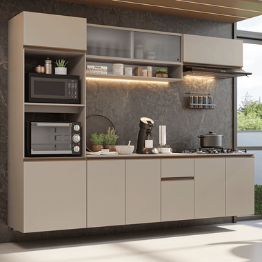 Combo Completo de Cocina 260 cm 5 Puertas 1 Cajón Flotante con Mueble para Horno y Microondas Crema Nice Madesa