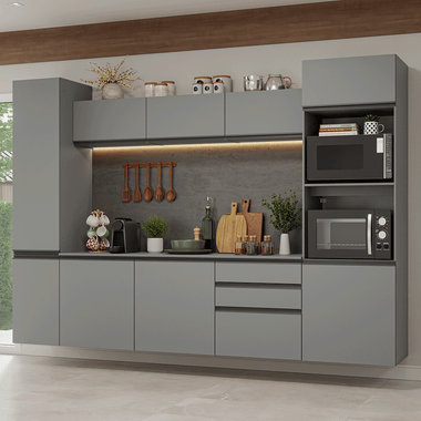 Combo Completo de Cocina 280 cm 9 Puertas 3 Cajones Flotante con Mueble para Horno y Microondas Gris Nice Madesa